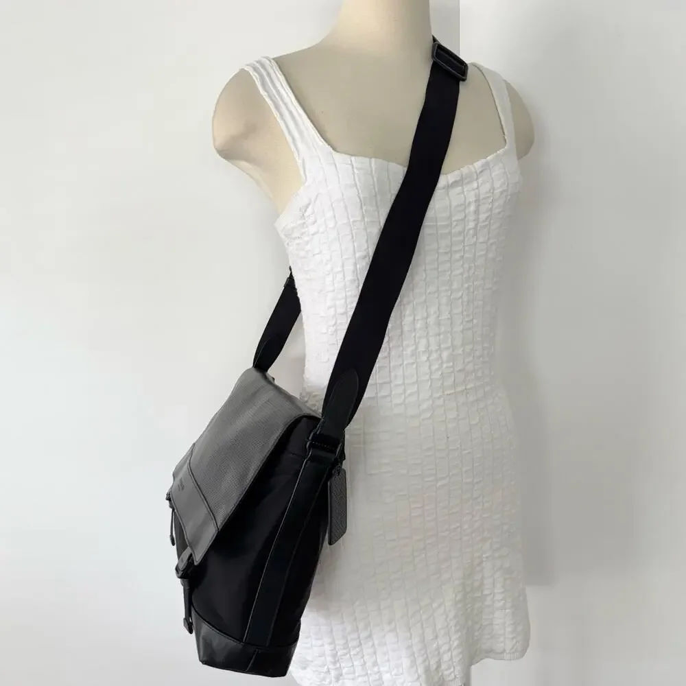 Coach Perforated Leather Nylon Sport Messenger Bag Black F71969